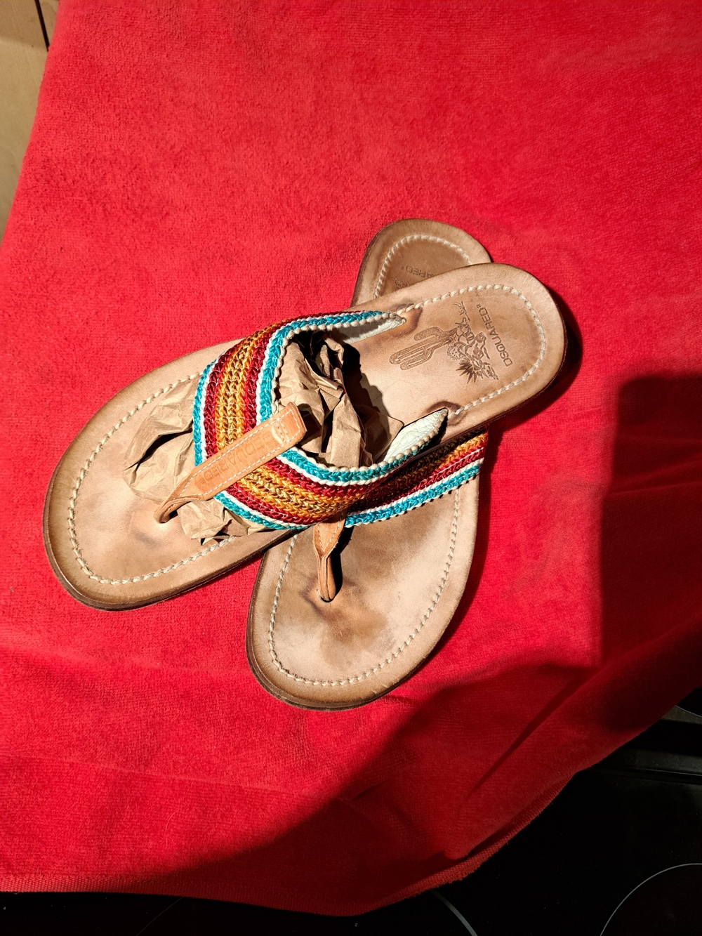 DSQUARED2 Tan Leather Flip-Flops with Multicolor Woven Straps